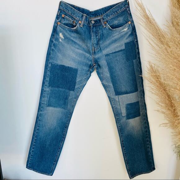 MENS LEVIS Vintage 32 x 30 Big E Blue Patchwork Denim Jeans Slim Skinny Straight - Picture 1 of 10